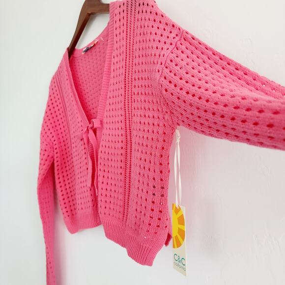 C&C California Coral Pink Open Knit Crochet Tie Front Cardigan Size Large - Picture 3 of 7